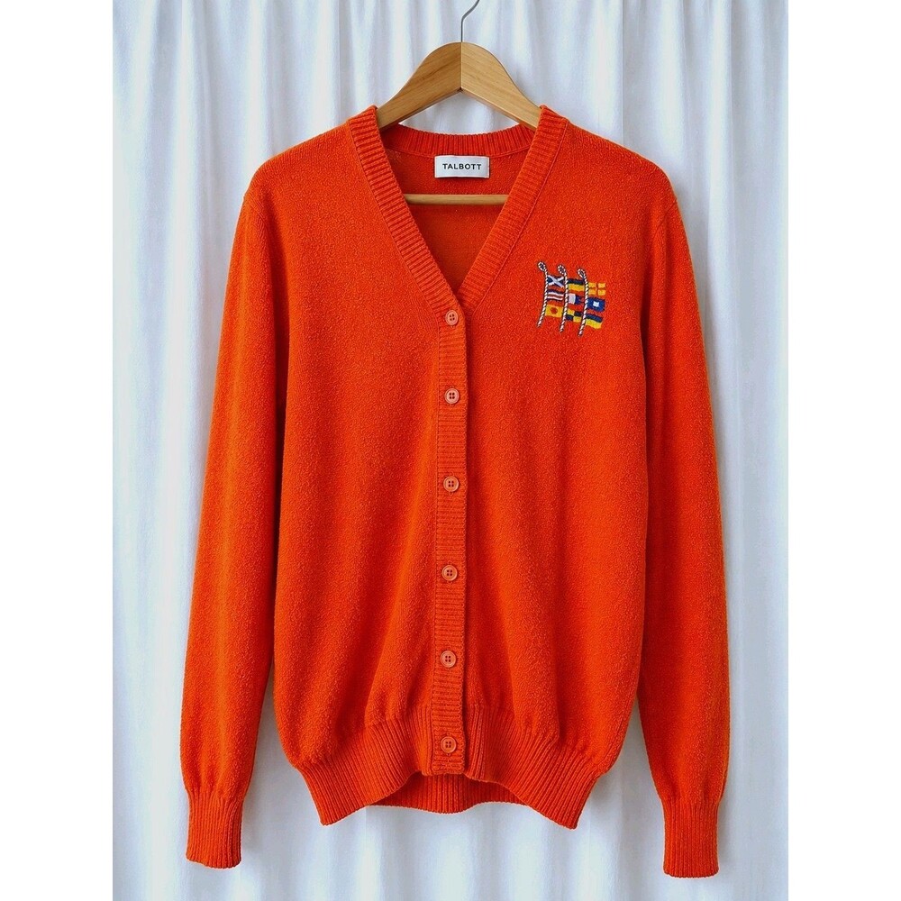 Vintage Talbott Nautical Flag Orange Cardigan Coastal Yacht Club Knit Sweater